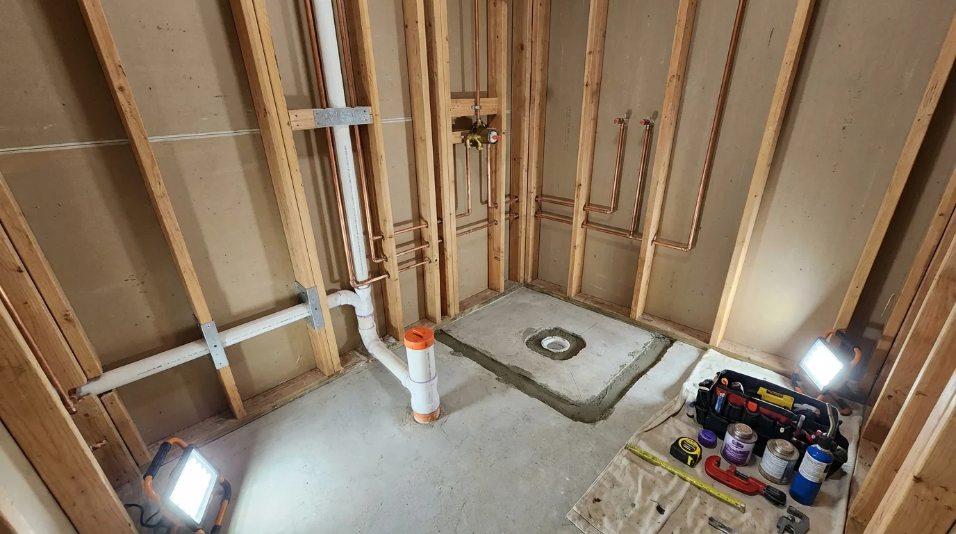 Bathroom rough-in plumbing during remodel by Johns Plumbing LLC in Licking