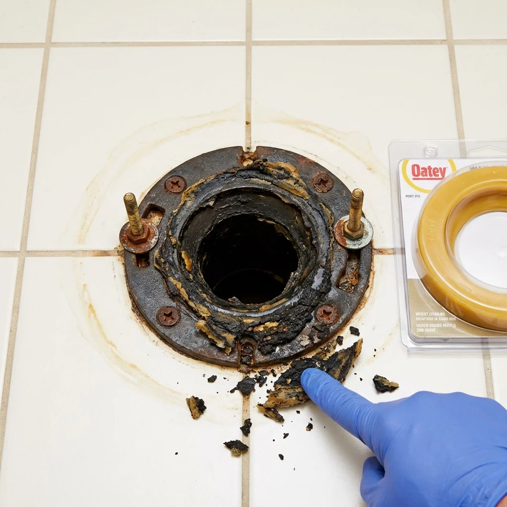 Failed wax ring showing water seepage at the base of a toilet in a Licking, MO home